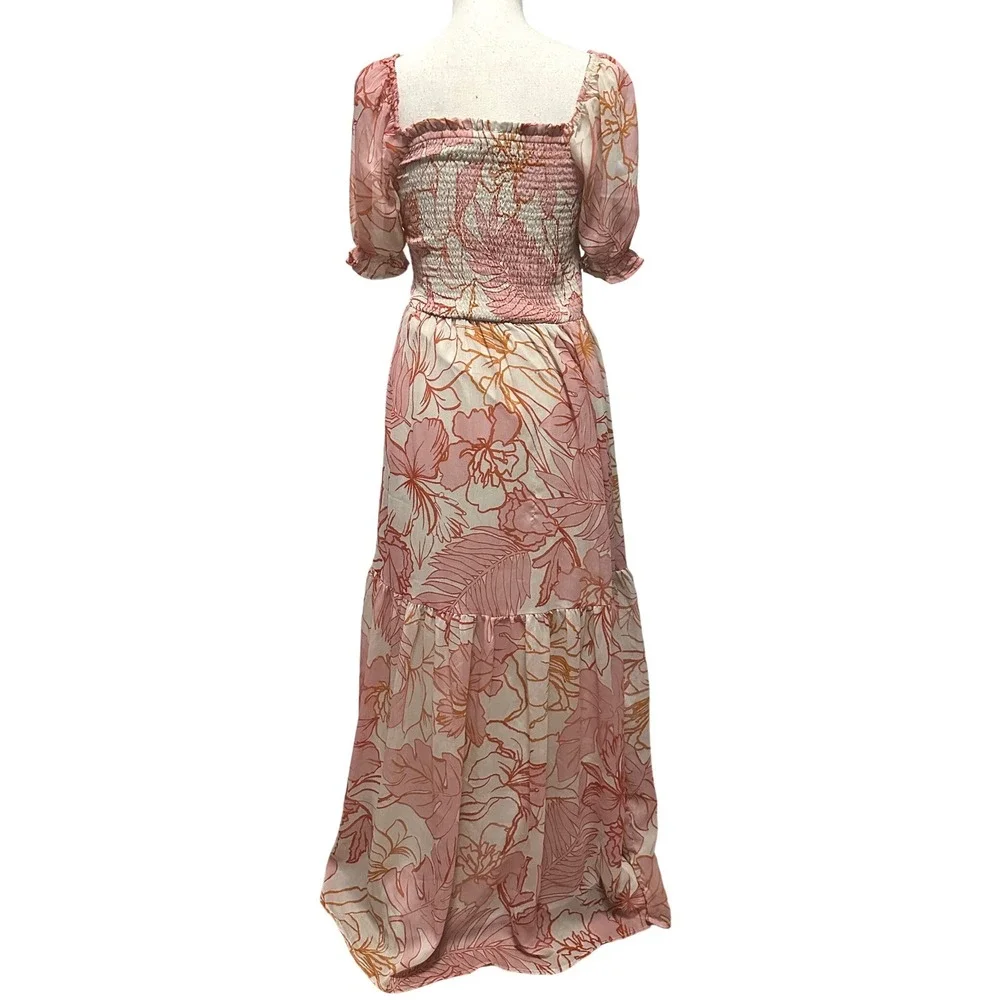 Patrons of Peace Floral Milkmaid Smocked Tiered Maxi Dress Women's M Cottage - Picture 4 of 7